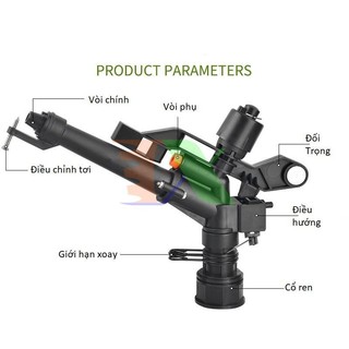 Đầu bec tưới cánh đập xoay 360° MS-9821, Súng phun nước tưới cây 1.5" ren 50, Sprinkler Big Gun