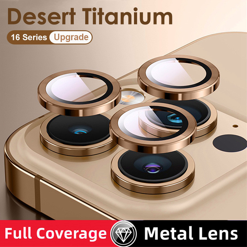 Sa Mạc Titan Bảo Vệ Ống Kính Máy Ảnh Cho iPhone 16 15 14 13 12 11 Pro Max 16 Plus 13 Mini Cài Đặt Bằng Một Cú Bấm Full Cover Kính Cường Lực Vòng Kim Loại Vỏ Camera