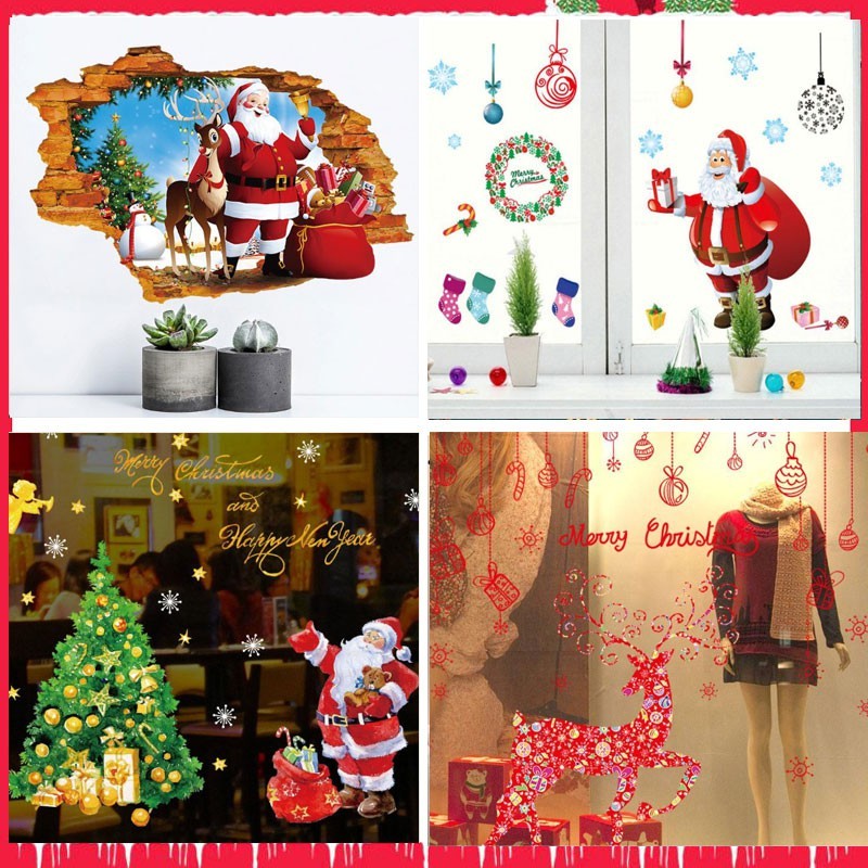 Decal trang trí giáng sinh ông già noel vòng hoa chuông người tuyết cây thông noel trang trí cửa hàn