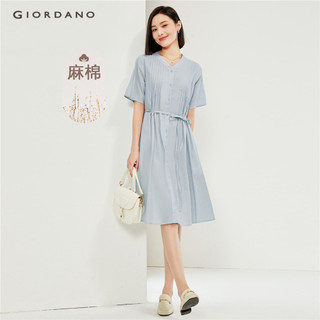 GIORDANO WOMEN Linen cotton v-neck tie waist pleated dress 05464324