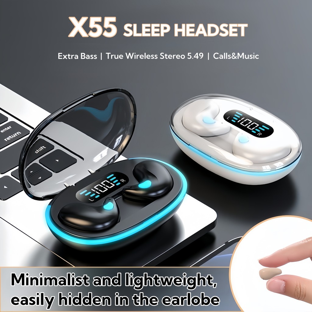 Tai nghe bluetooth không dây ngủ X55, hiệu ứng âm thanh nổi không mất, gọi rõ ràng, điều khiển nút, màn hình kỹ thuật số thông minh