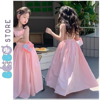 Đầm maxi bé gái hai dây hở lưng siêu đáng yêu cho bé gái phù hợp mặc hè , đầm công chúa bé gái hồng nhạt đáng yêu