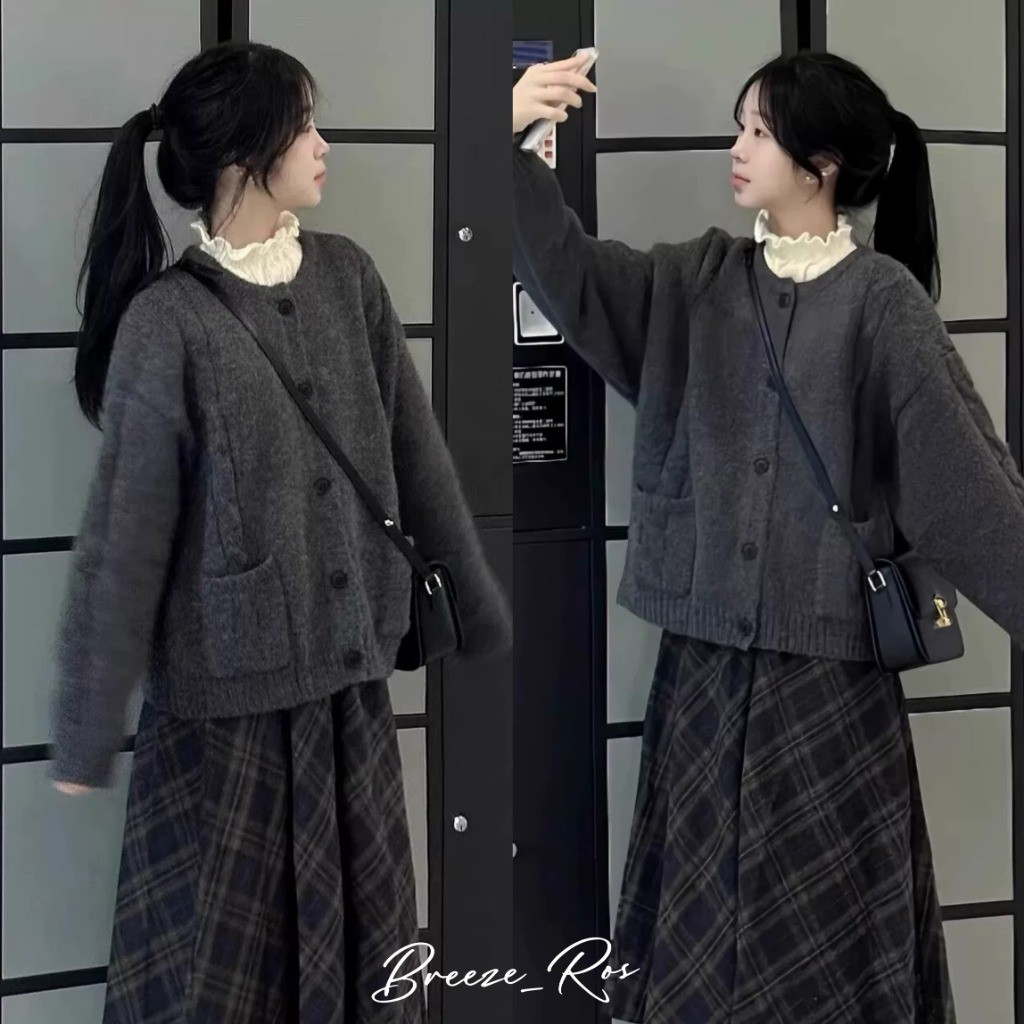 Breeze_Ros Áo Len Cardigan Dệt Kim Ngắn Dành Cho Nữ Áo Khoác Cổ Tròn Màu Trơn Mới Thời Trang V320