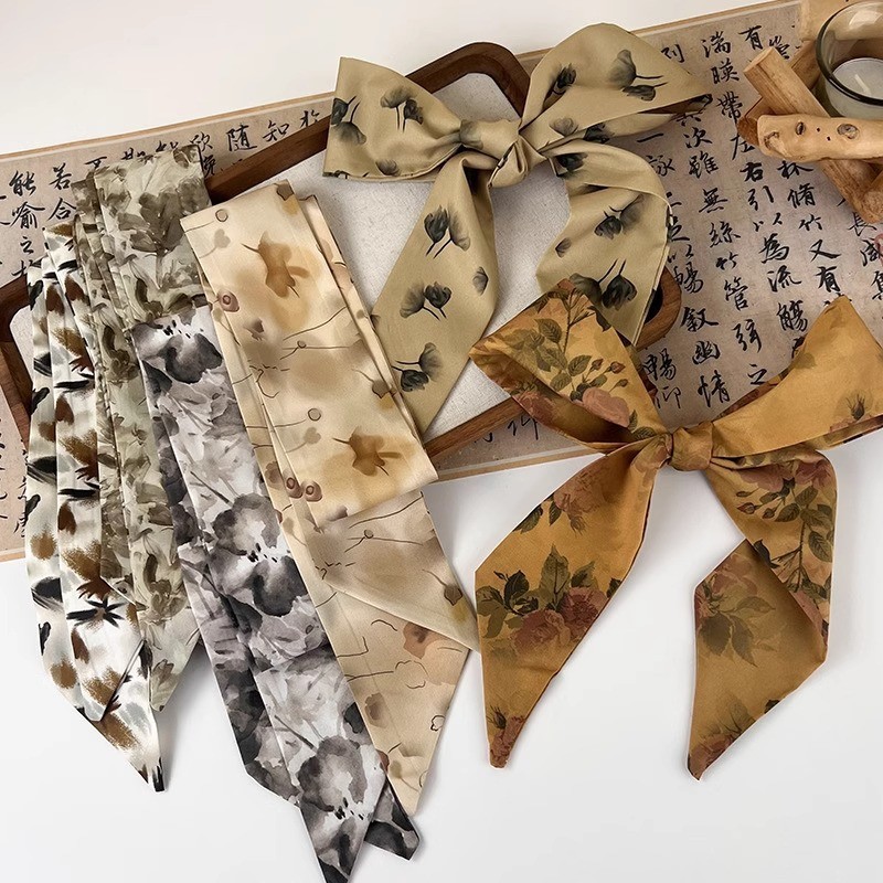 Khăn Lụa Cổ Điển Mùa thu Maillard dây buộc tóc buộc tóc buộc tóc phong cách Instagram dây ruy băng d