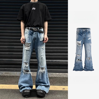 2025 phiên bản Hàn Quốc mới cho nam và nữ mùa xuân, quần jeans ống loe cao cấp thiết kế lỗ sáng tạo
