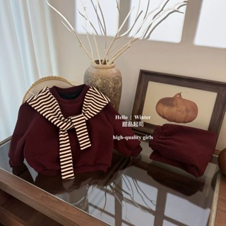 [Khuyến mãi mùa thu] Bộ đồ mùa thu giản dị dành cho trẻ em ấm áp Phiên bản Hàn Quốc của tất cả các kết hợp Ancora màu đỏ và bộ đồ nhung dành cho bé trai và bé gái mùa thu và mùa đông bé gái áo len khăn choàng sọc phong cách phương Tây bộ đồ hai mảnh cho t