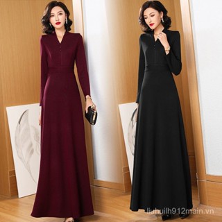 Hàng sẵn chất lượng tóc đứng bảo hành mẫu mới mùa thu đông khí chất thời trang cho mẹ váy liền phong cách Instagram cổ chữ V dáng dài thon gọn eo cỡ lớn cho nữ