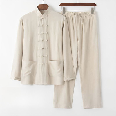 Bộ Đồ Nam Quần Dài Tay Vải Lanh Cotton Pha Trộn Rời Phong Cách Trung Hoa Màu Trơn Retro Nút Thư Giãn Giải Trí ZXR53