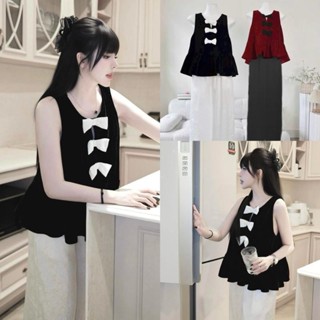 (Có bigsize 90kg) Set tết áo nhung babydoll đính 3 nơ quần trượt dài cách tân cao cấp (tặng chuỗi vòng tay gỗ hoặc đá)