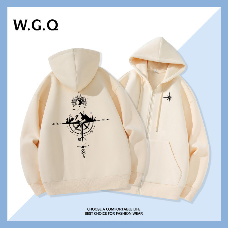 【W.G.Q】 Áo Hoodie nam dài tay có dây kéo có túi in hình núi màu đen