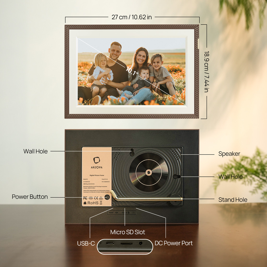 Khung ảnh kỹ thuật số ARZOPA D10 Khung ảnh kỹ thuật số WiFi thông minh 10,1 Inch 32GB với màn hình cảm ứng IPS 1280x800, Tự động xoay và trình chiếu, Chia sẻ ảnh Video Báo động âm nhạc | BigBuy360 - bigbuy360.vn