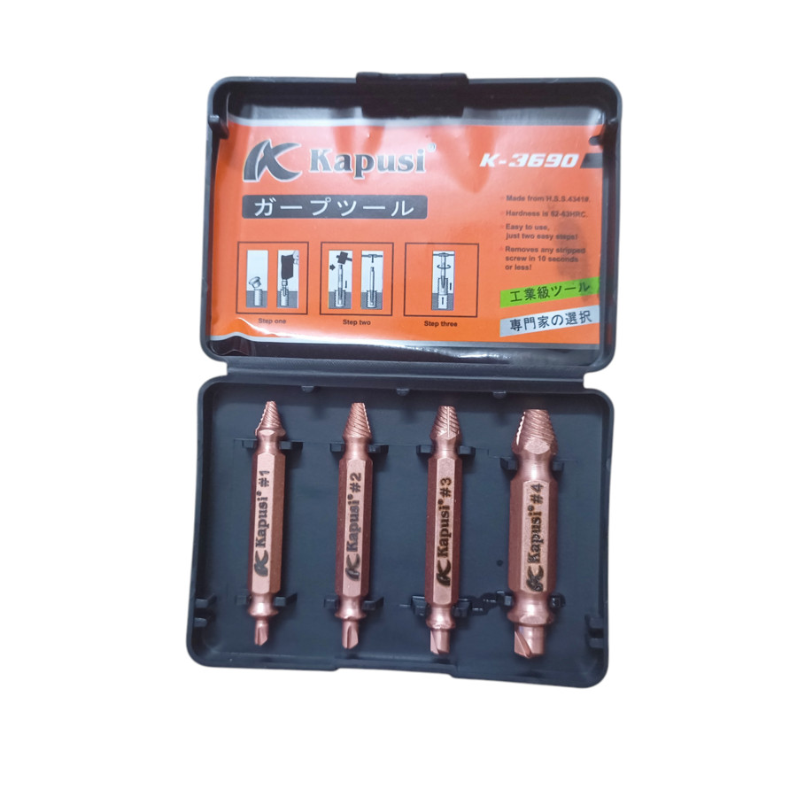 Bộ lấy vít gãy 4 chi tiết Kapusi K-3690 có bề mặt phủ Titanium chịu nhiệt, độ cứng 62-63HRC Dụng cụ 