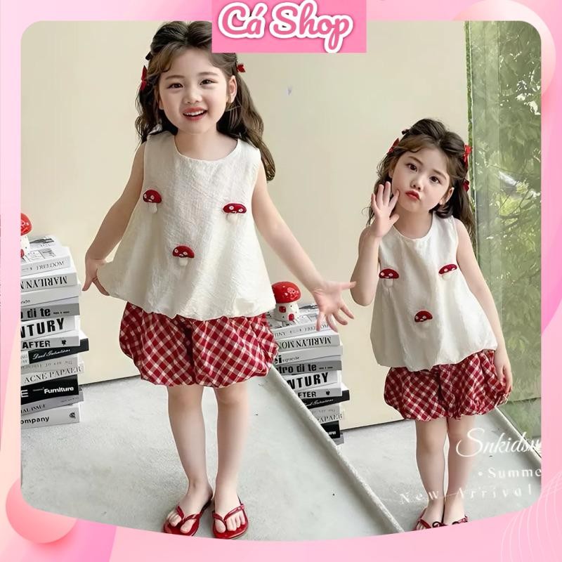 Xả SN157,  Bộ quần áo bé gái, Set áo nấm đũi hàn quần bí kẻ caro đỏ cho bé gái