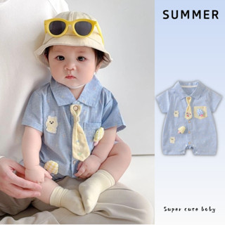 Mùa Hè Mới Quần Áo Cho Bé Trai Và Bé Gái Màu Xanh Ve Áo Ngắn Tay Có Dây Buộc 0-24 Tháng Thời Trang Thoải Mái Hoạt Hình Gấu Kem Romper Phong Cách Hàn Quốc