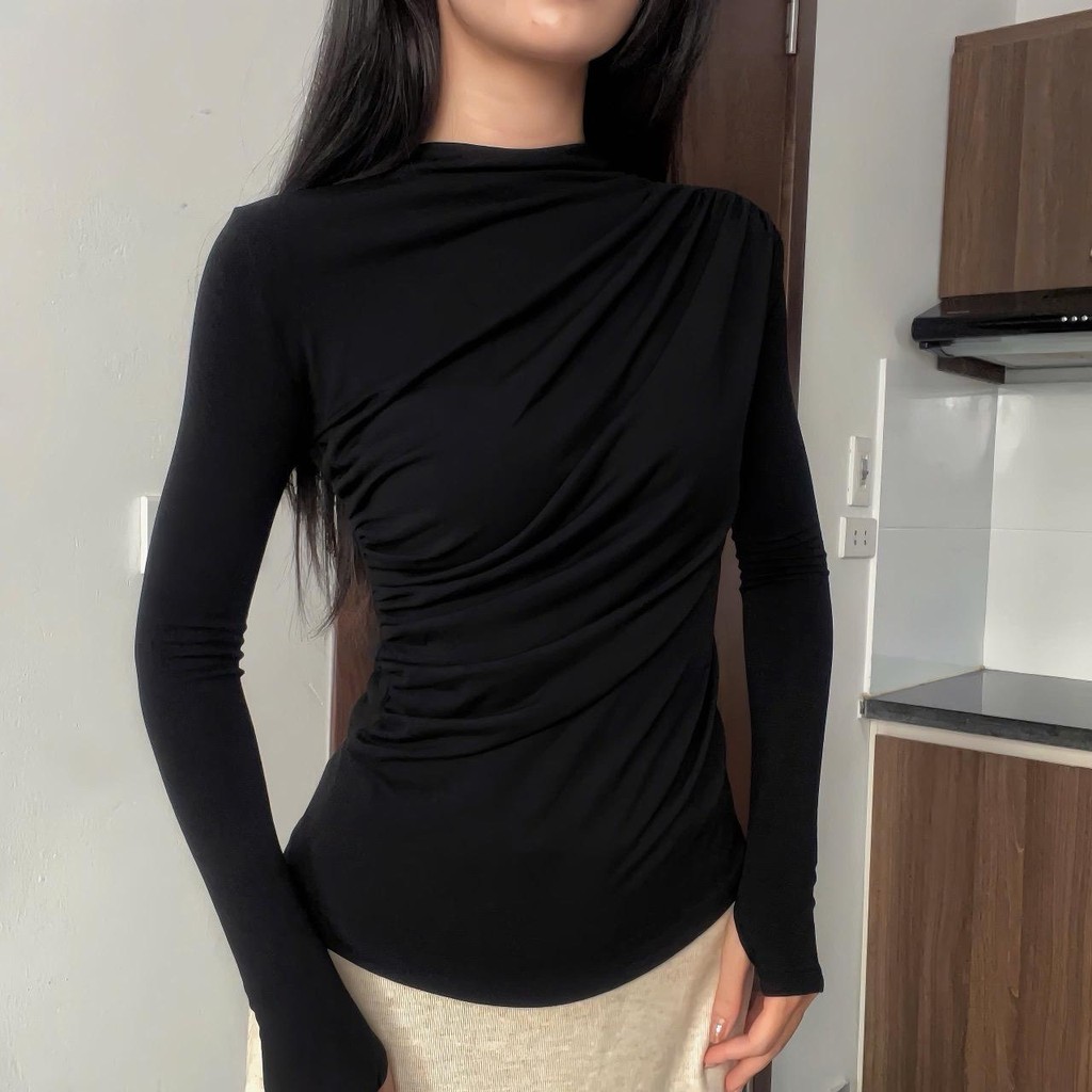 Áo thun nữ dài tay cổ tròn rúm eo tôn dáng, chất liệu cao cấp COTTON ZIP co giãn 4 chiều, mềm mịn - 196 Top Women | BigBuy360 - bigbuy360.vn