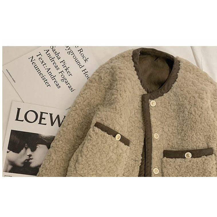 Áo khoác lông cừu kiểu Xiaoxiangfeng Áo khoác ngắn lông cừu phối màu da dày tương phản mùa đông cho nữ | BigBuy360 - bigbuy360.vn