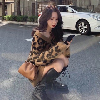  Áo khoác họa tiết da báo Jiashucheng Áo dệt kim thu đông cỡ lớn dài giữa cổ chữ V họa tiết ngựa vằn Áo len lười nữ 