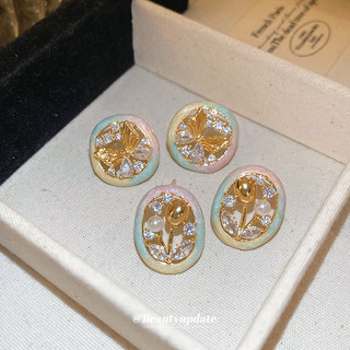 Vàng thật mạ bạc kim bạc Zircon nhỏ giọt dầu tròn hoa tulip bướm Bông tai thời trang sang trọng nhẹ cao cấp