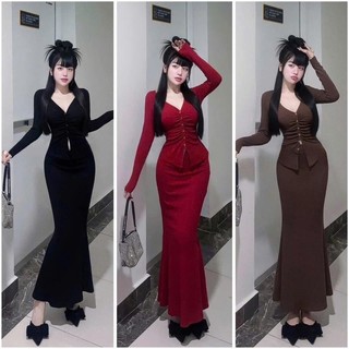  Set áo tay dài cổ tim nhún đính nút phối chân váy đuôi cá dài  - thun gân tăm 