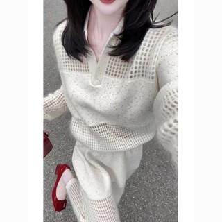  Set Đồ Nữ Thu Đông Áo Dệt Kim Phối Váy Cạp Cao Rỗng Phong Cách Hàn Quốc 