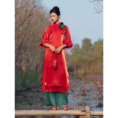 Áo Dài Nữ Tết Liên Đan JOVEN 2 Tà Cổ Tàu Tay Loe Lửng Thanh Lịch (KHÔNG KÈM QUẦN)