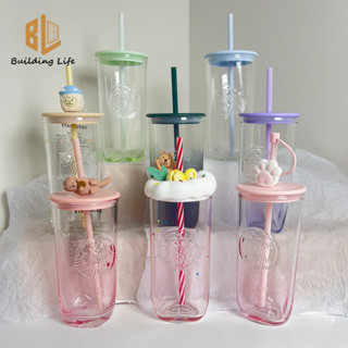 13 Kiểu! Cốc Starbucks Có Mũ Rơm Tam Giác Cốc Thú Cưng Dễ Thương Series Dày Thủy Tinh Ống Hút Cốc Cà Phê Giáng Sinh Dung Tích Lớn 500ml