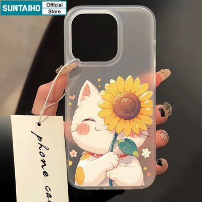 Ốp điện thoại họa tiết hoa hướng dương và mèo dễ thương Suntaiho TPU Clear Matte Soft Premium Vỏ chống sốc cho iPhone 11 12 13 14 15 16 Pro max IP 7 8 Plus Iphon X Xs XR Xs max