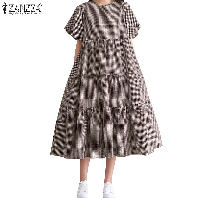 Đầm kẻ sọc dáng rộng cổ tròn ngắn tay ZANZEA dành cho nữ Hàn Quốc | BigBuy360 - bigbuy360.vn