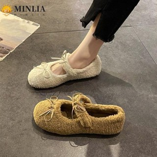  Giày đế bệt lông cừu MINLIA dành cho nữ Giày bệt nơ lông tơ Dép phong cách múa ba lê ngọt ngào Kawaii Đế mềm sang trọng mùa thu đông 
