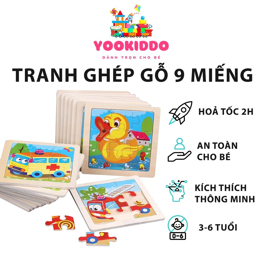 Tranh Ghép Hình, Xếp Hình Gỗ 9 Mảnh Nhiều Chủ Đề YOOKIDDO - Puzzle Giúp Bé Kích Thích Sáng Tạo, cho 