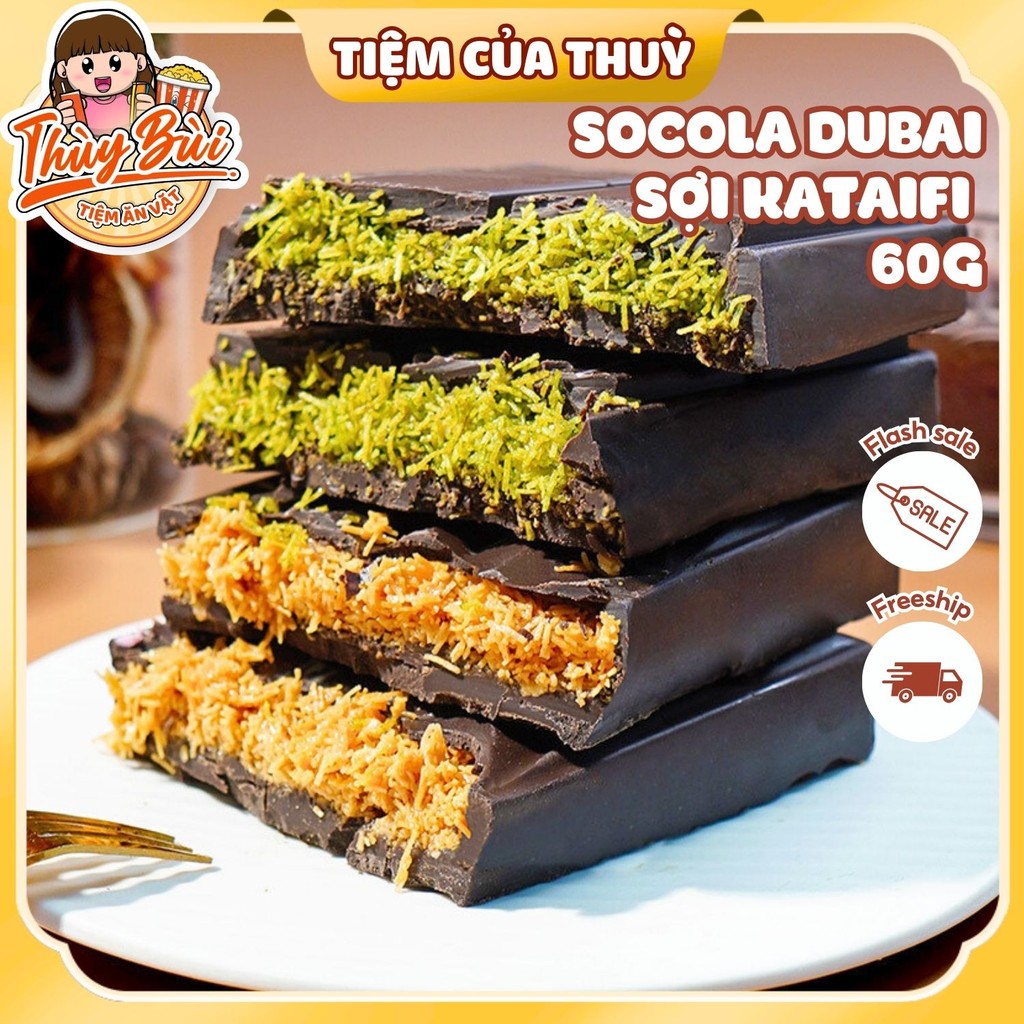 Socola Dubai Nhân Sợi Kataifi Hộp 60gr, Socola Dubai HN Vị Hạt Phỉ/Hạt Dẻ Matcha, Socola Sợi Kataifi