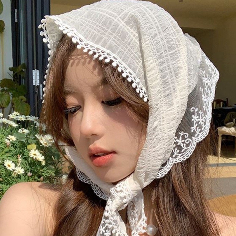Khăn trùm đầu ren  khăn turban đội đầu đi biểm tam giác , banada phối ren
