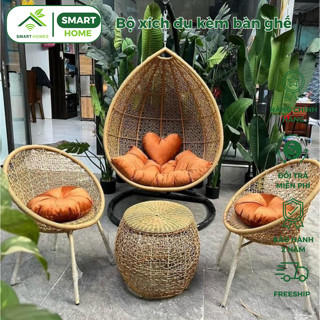 Bộ xích đu kèm bàn ghế sân vườn SMARTHOMES mây nhựa cao cấp dùng decor sân vườn quán cafe sang trọng