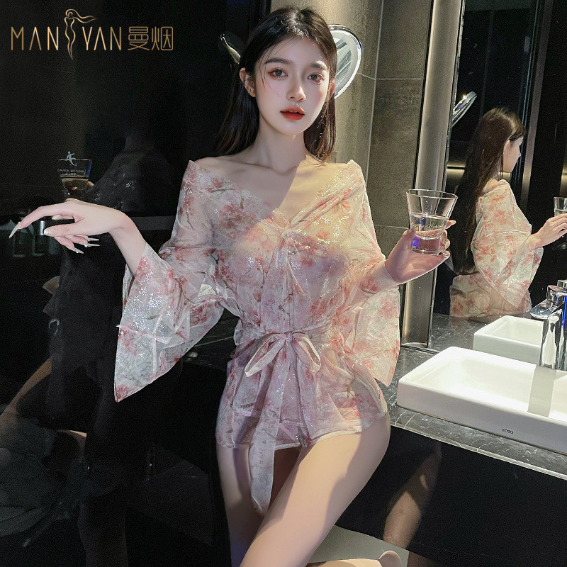 Đồ lót sexy, áo cardigan sâu V không vai, áo choàng kimono in lá vàng trong suốt | BigBuy360 - bigbuy360.vn