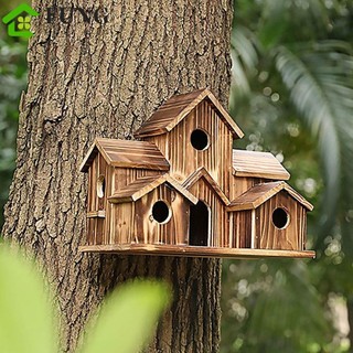 FUNG Fung Treo Cây Nhà Chim, Nhà Chim Bằng Gỗ Tự Nhiên Handmade, Tổ Chim 6 Lỗ Gỗ Lồng Chim Sân Sau