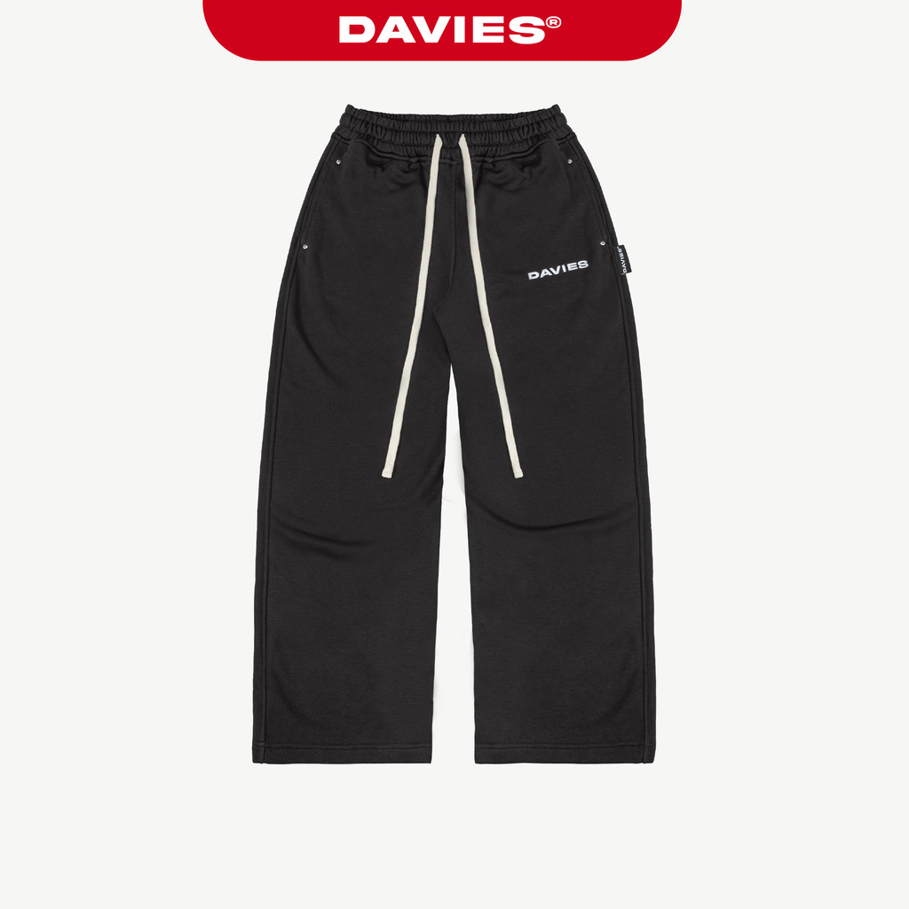 Quần ống rộng nỉ dài thêu logo 4 nút DAVIES dây rút màu đen thiết kế 2 túi sau Original Track Pants|