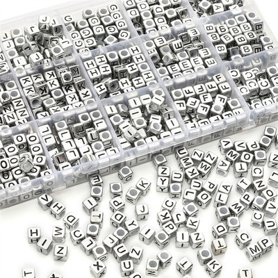 Bộ 50 6x6mm Acrylic Tiếng Anh Chữ Hạt Vuông Cổ Bạc Hạt Cho DIY Trang Sức Vòng Tay Vòng Cổ Làm Phụ Kiện
