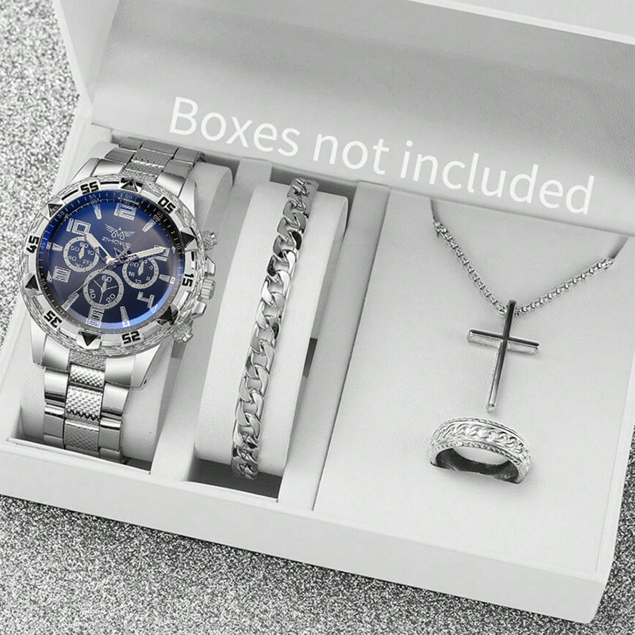 Bộ Đồng Hồ Nam 4 Đồng Hồ Thời Trang Bằng Thép Không Gỉ Ba Đồng Hồ Thạch Anh Đồng Hồ Vòng Cổ Miễn Phí Vòng Tay Nhẫn