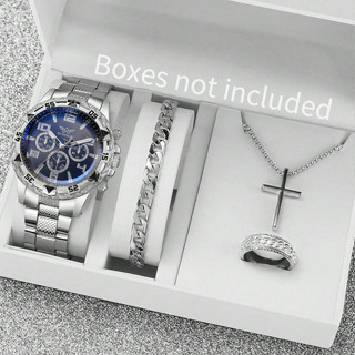 Bộ Đồng Hồ Nam 4 Đồng Hồ Thời Trang Bằng Thép Không Gỉ Ba Đồng Hồ Thạch Anh Đồng Hồ Vòng Cổ Miễn Phí Vòng Tay Nhẫn