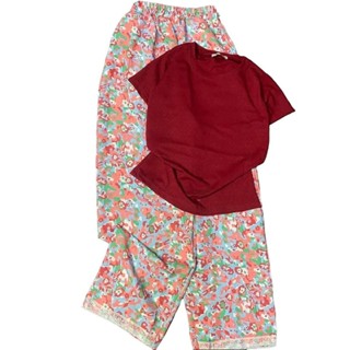 ( Có size)Bộ đồ nữ s79 áo cổ tròn tay ngắn thun gân trơn + quần suôn đũi hoa nhí lai viền ren, có size - Voi, Sen