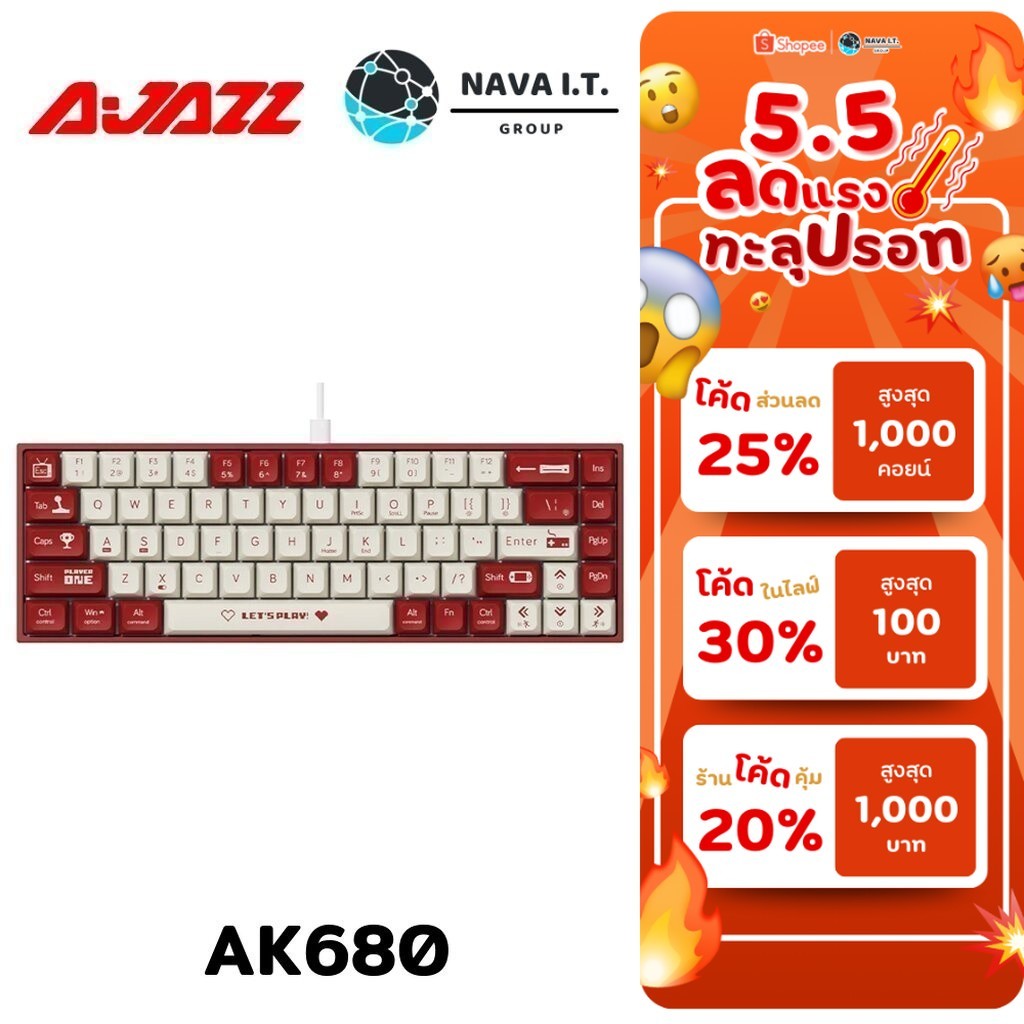 Giao hàng nhanh Có sẵn AJAZZ AK680 RED-WHITE RED SWITCH WIRED GAME KEYBOARD Sản phẩm 1 năm