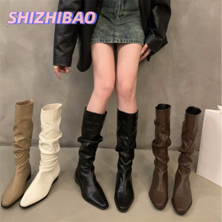 SHIZHIBAO Giày bốt hiệp sĩ dài xếp li gót vuông dành cho nữ bốt giữa bắp chân xuân thu mới
