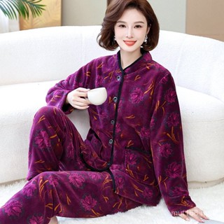 Bộ đồ ngủ nữ trung và già Bộ đồ dày cho mẹ giữ ấm tay dài chất liệu nhung san hô