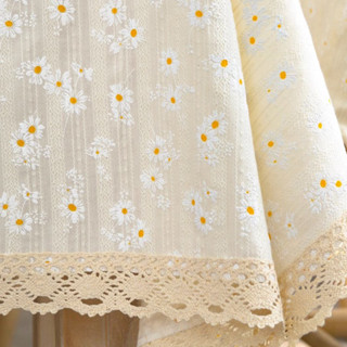 Khăn Trải Bàn Ăn Cotton Lanh Bắc Âu Phong Cách Bình Dị. Khăn trải Bàn Làm Việc Hình Chữ Nhật HOA CÚC REN