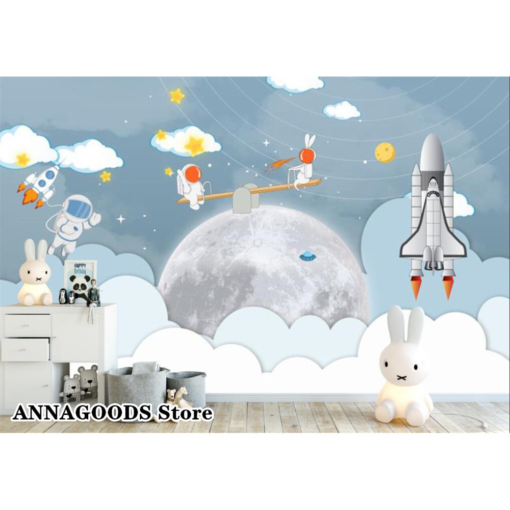 Tùy Chỉnh Hoạt Hình Không Gian Tên Lửa Phi Hành Gia Bức Tranh Tường Giấy Dán Tường Cho Phòng Ngủ Trẻ