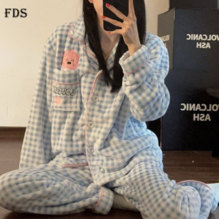 Bộ đồ ngủ nhung san hô FDS nữ bộ đồ mặc nhà hoạt hình dày dặn hoạt hình flannel mùa thu đông flannel