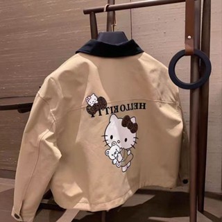 Áo khoác có rãnh hoạt hình Hello Kitty có màu sắc tương phản và áo khoác cổ ngắn dành cho nữ