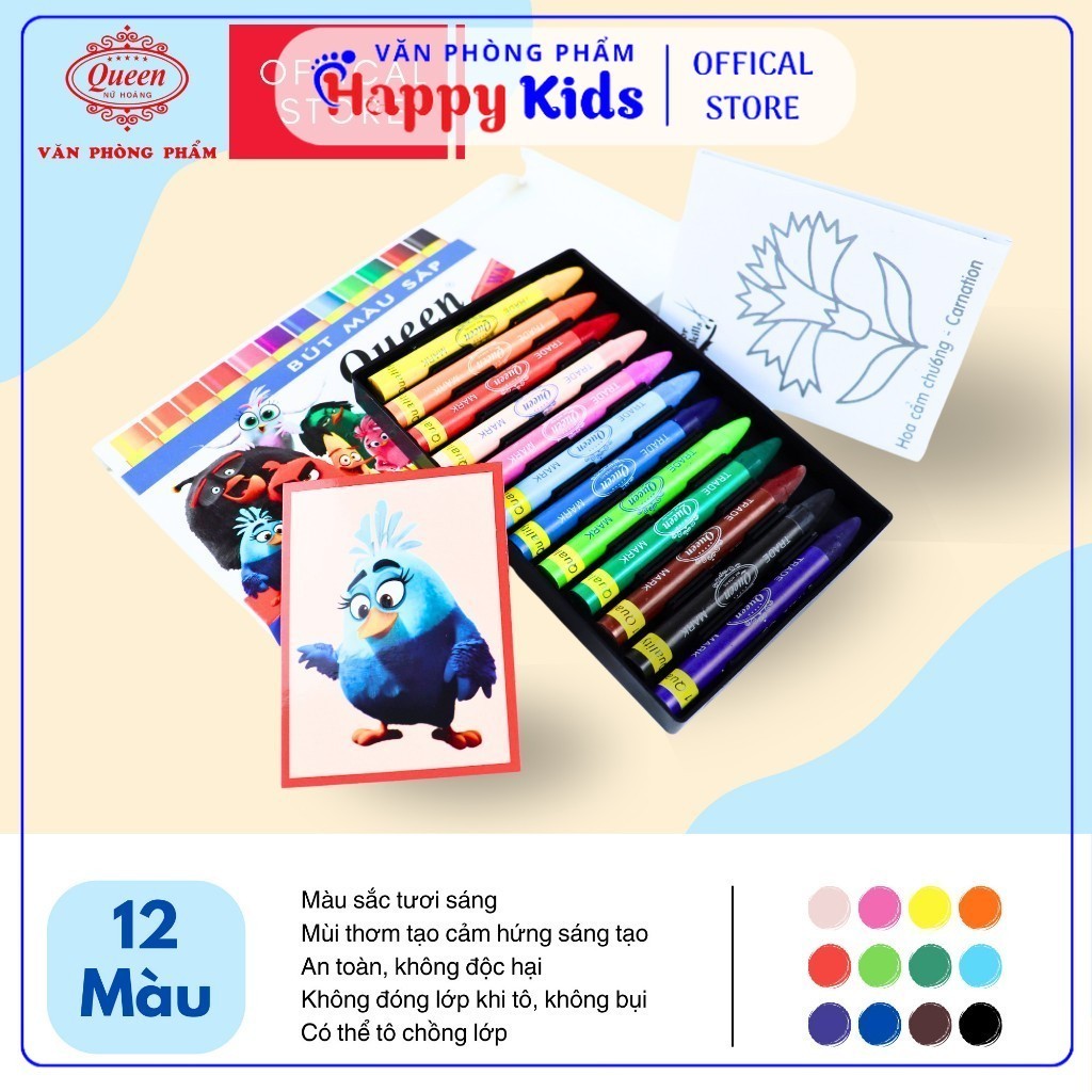 Hộp 12 Màu Bút Sáp Màu Queen WCR12 Chất Lượng Tốt, Màu Chuẩn - VPP No.1