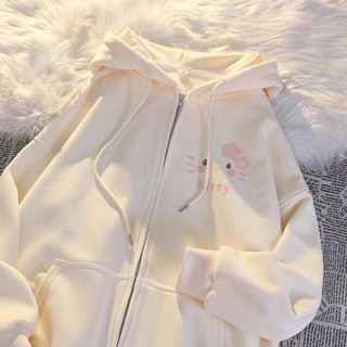 Thiết Kế Sense Hello Kitty In Có Mũ Trùm Đầu Áo Nữ Lông Cừu Lót Rời Dây Kéo Cardigan Áo Khoác Nữ