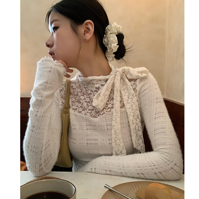 【W】Áo Thun Dài Tay Nữ Ren Bow tie straps Ôm body Thời trang Top khí chất | BigBuy360 - bigbuy360.vn